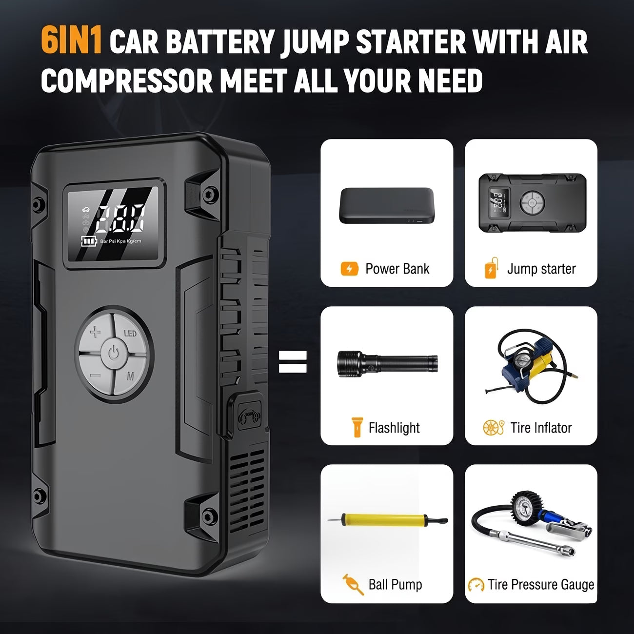 JUMPSTARTER AND AIR COMPRESSOR (6IN1)